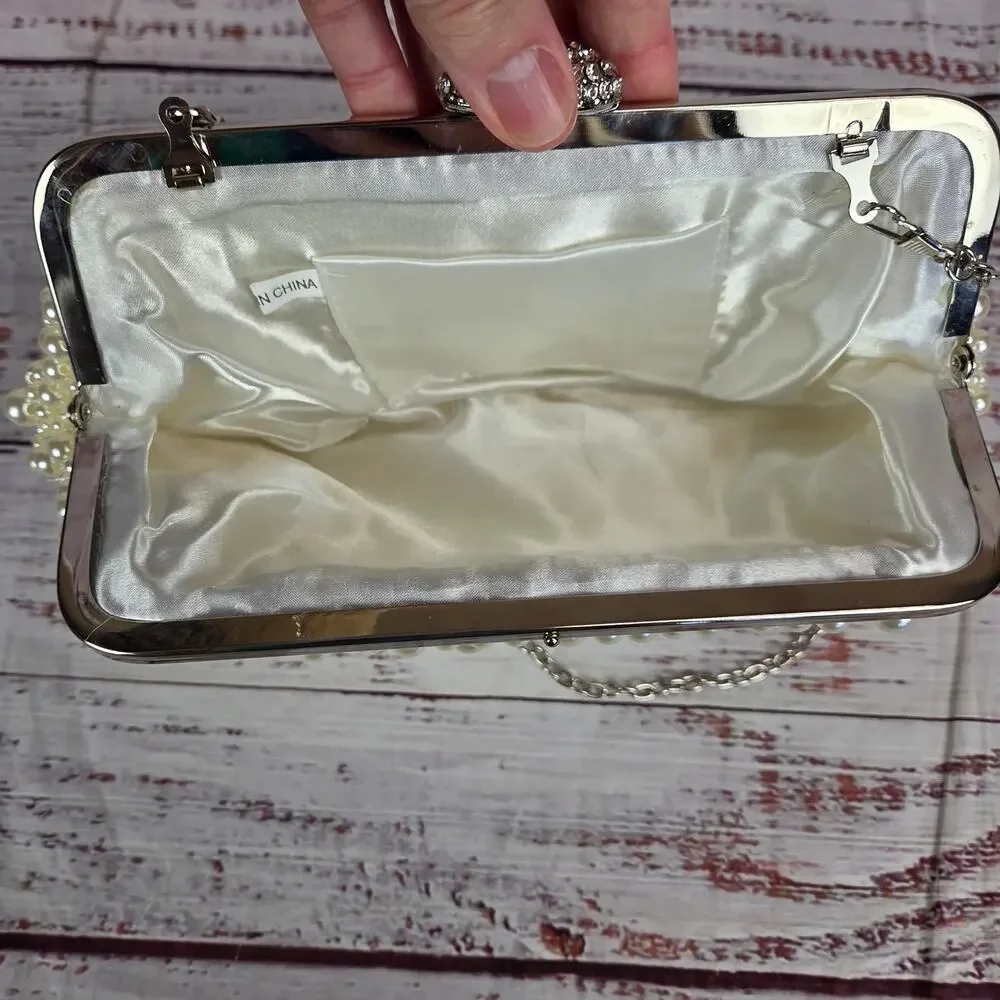 Faux Pearl Jeweled Clutch Purse Chain Strap Sophisticated Parisian Timeless Bag